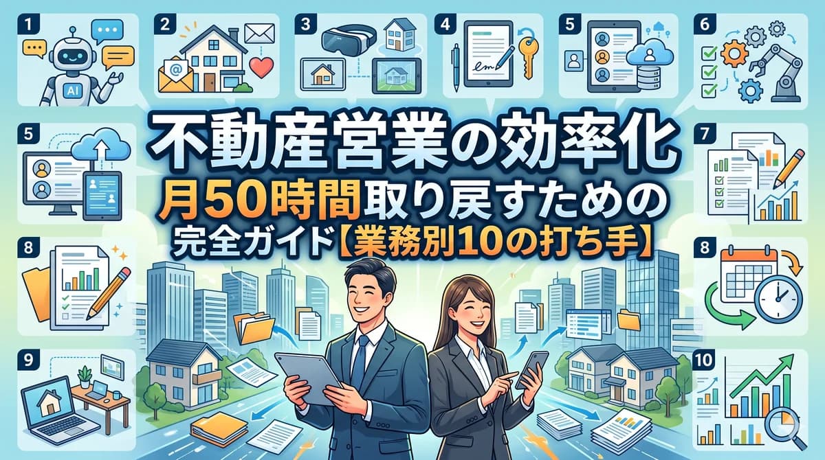 不動産営業の効率化|月50時間取り戻すための完全ガイド【業務別10の打ち手】(AI活用・物件情報処理・顧客マッチング・提案メール・追客・KPI管理・LINE一元化など10の打ち手をアイコンで示したインフォグラフィック)