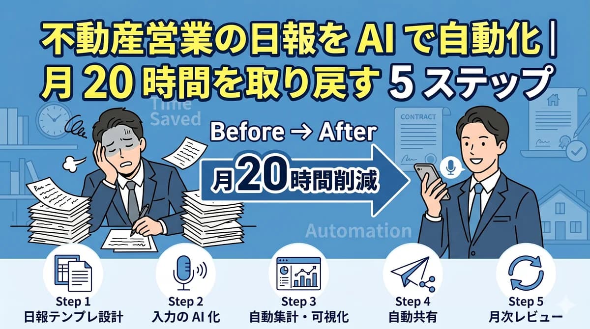不動産営業の日報を AI で自動化する 5 ステップ(テンプレ設計・音声入力・自動集計・自動共有・月次レビュー)の Before/After 図解