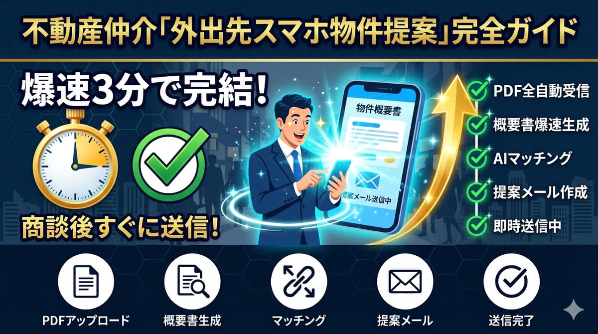 不動産仲介の外出先スマホ物件提案完全ガイド|PDFアップロード・概要書生成・マッチング・提案メール・送信完了の5ステップ