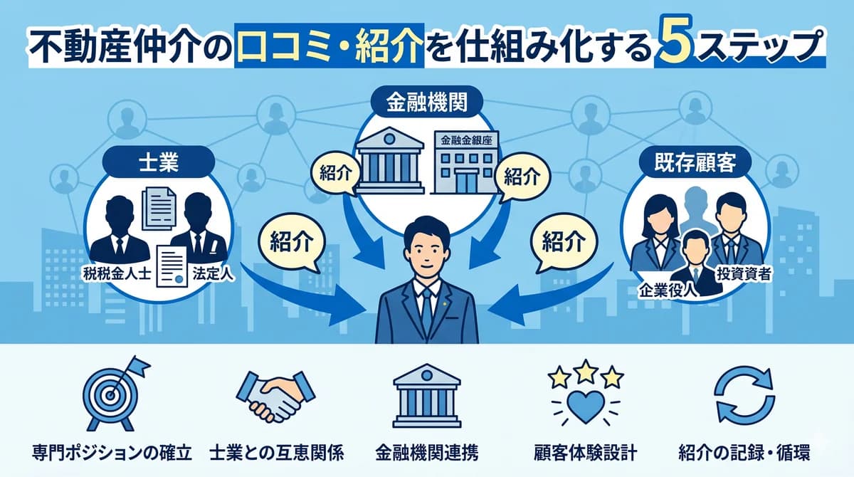 不動産仲介の口コミ・紹介を仕組み化する5ステップ|士業・金融機関・既存顧客の3チャネル設計図
