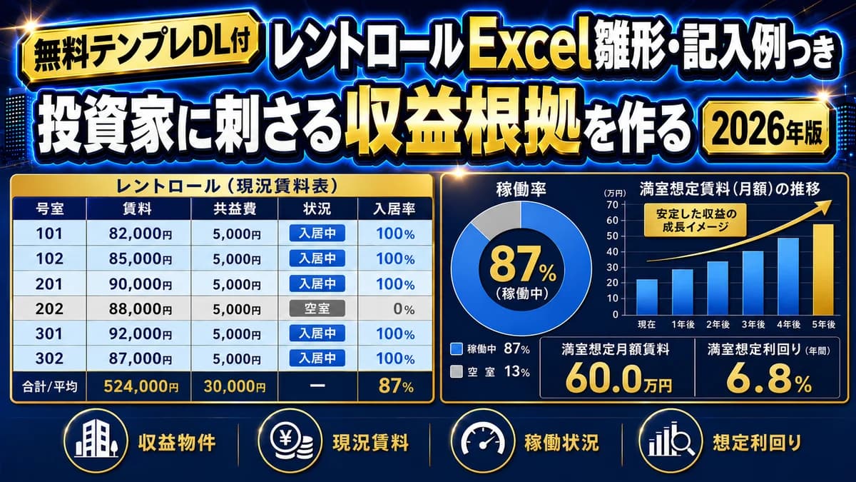 不動産仲介の収益物件 レントロール(現況賃料表)テンプレート 無料Excel 賃料明細・稼働率・満室想定利回り アイキャッチ