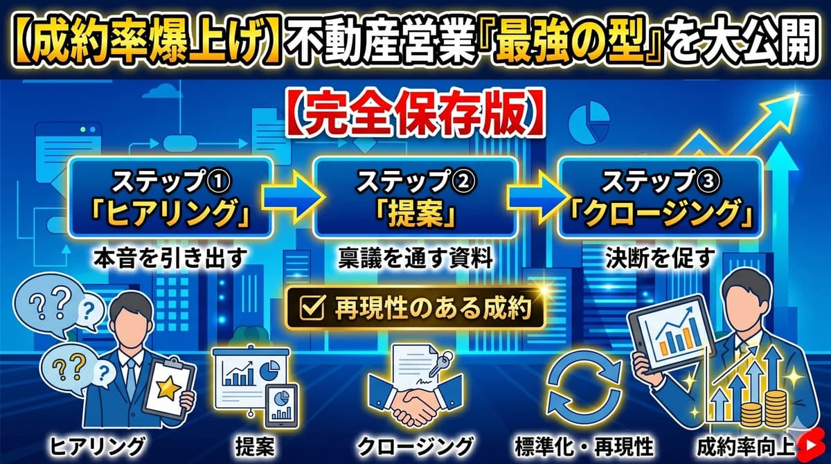 不動産営業の商談プロセス標準化|ヒアリング→提案→クロージングの型と再現性のある成約フロー図