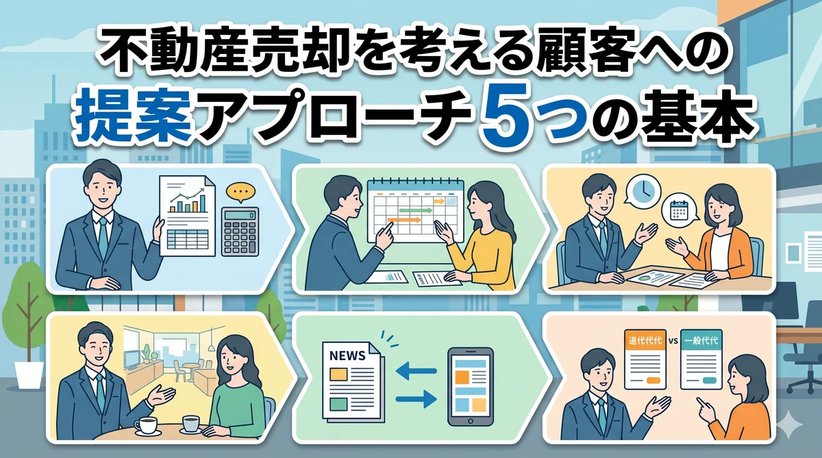 不動産売却を考える顧客への提案アプローチ5つの基本(査定提示・タイミング設計・心理的ハードル下げ・市場情報継続提供・媒介獲得トーク)を示すインフォグラフィック
