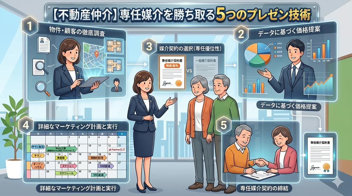 専任媒介を勝ち取る 5 つのプレゼン技術(事前準備・査定提案・媒介種別トーク・販促計画・クロージング)を視覚化したインフォグラフィック
