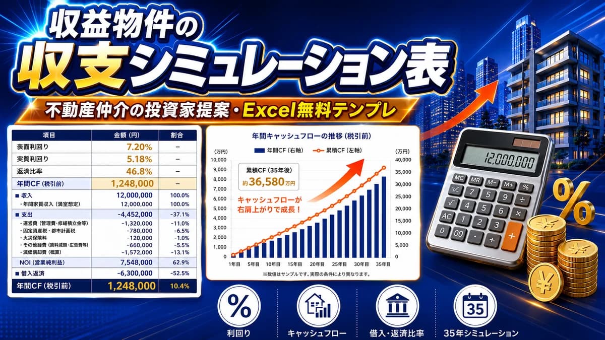 不動産仲介の収益物件 収支シミュレーション表テンプレート 無料Excel 利回り・キャッシュフロー・返済比率 アイキャッチ