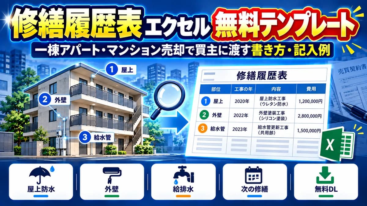 不動産売買仲介の修繕履歴表 エクセル無料テンプレート 一棟アパート・マンション売却で買主に渡す書き方・記入例 アイキャッチ