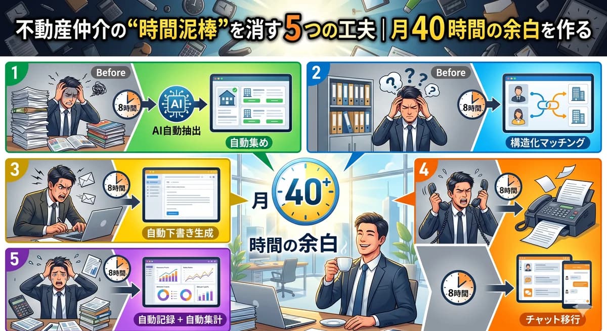 不動産仲介の現場に潜む 5 つの時間泥棒と、それぞれの解決策(AI 自動抽出・構造化マッチング・自動下書き・チャット移行・自動記録)を視覚化したインフォグラフィック
