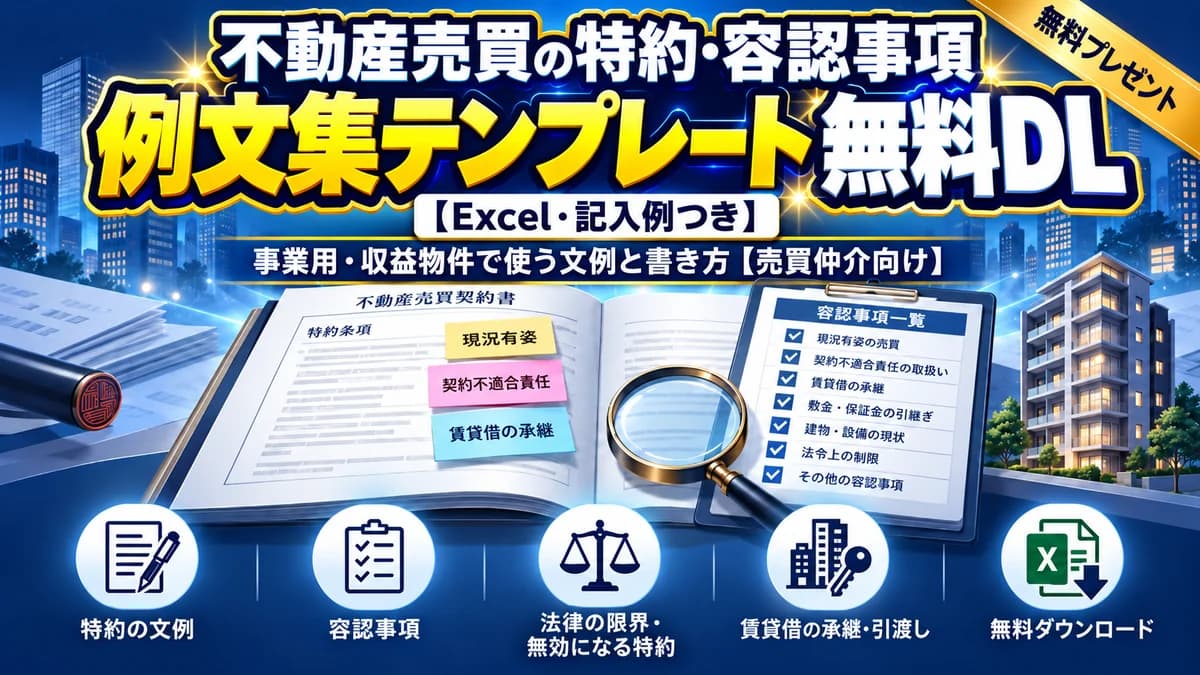 不動産売買の特約・容認事項 例文集テンプレート無料DL Excel・記入例つき 事業用・収益物件で使う文例と書き方 売買仲介向け アイキャッチ