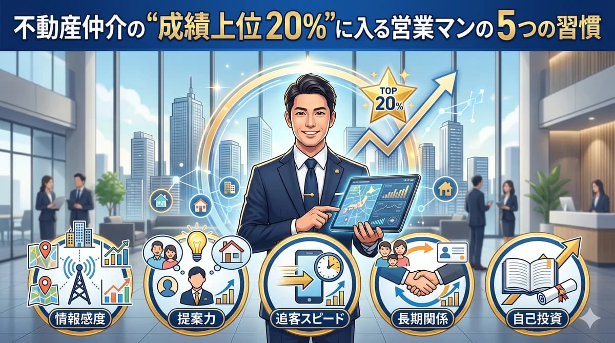 不動産仲介の成績上位20%に入る営業マンの5つの習慣(情報感度・提案力・追客スピード・長期関係・自己投資)を示すインフォグラフィック