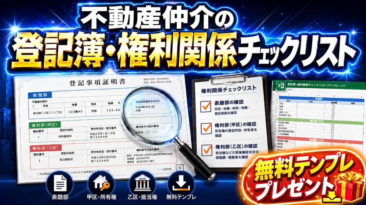 不動産仲介の登記簿謄本(登記事項証明書)読み方チェックリスト 無料Excelテンプレート 表題部・甲区・乙区 アイキャッチ