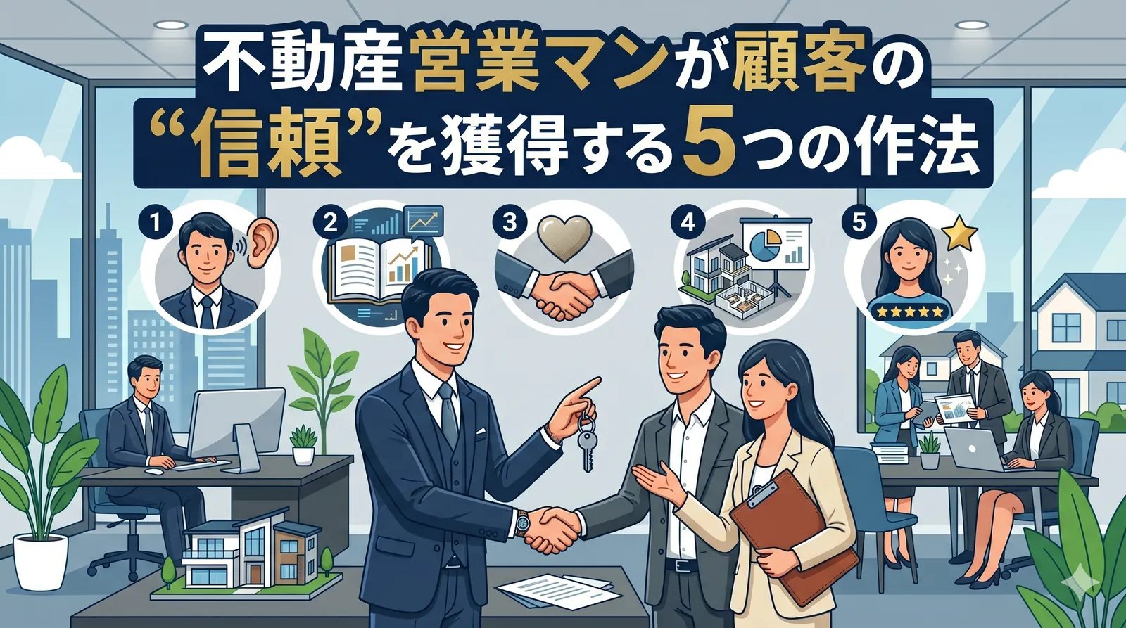 不動産営業マンが顧客の信頼を獲得する 5 つの作法(傾聴・実績提示・誠実な握手・物件分析・顧客満足)を示すインフォグラフィック