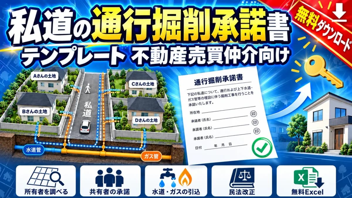 不動産売買仲介の私道の通行掘削承諾書テンプレート 所有者の確認・共有者の承諾・水道とガスの引込・民法改正 Excel無料DL アイキャッチ