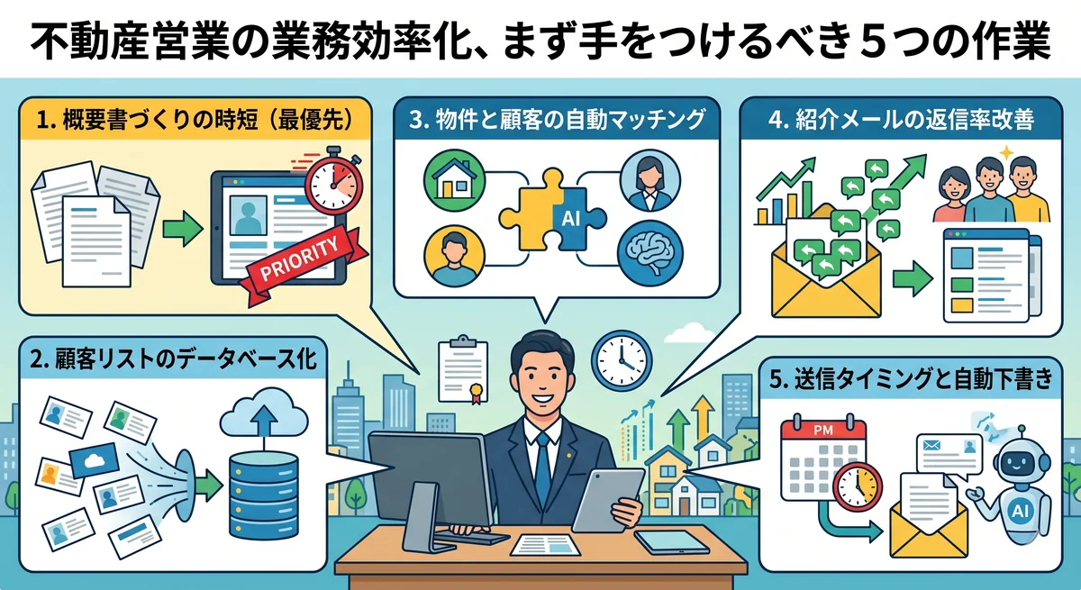 不動産営業の業務効率化で取り組むべき 5 つの作業を示すインフォグラフィック